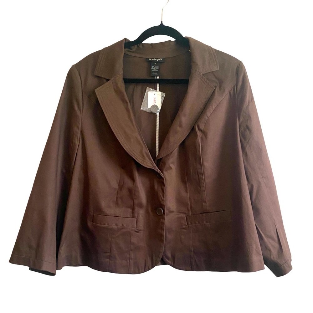 Lane Bryant Notch Lapel Blazer 18 Brown Lined Short Cotton 2 Button Jacket